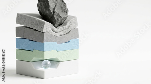 Soft foam layers stacked with heavy rock pressing down, showing compression and resilience, with glass sphere resting on bottom layer, symbolizing protection and balance