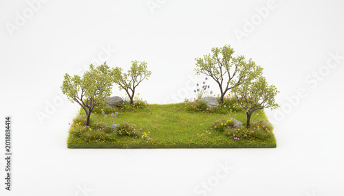 Natural landscape image of a meadow with small trees on a white background