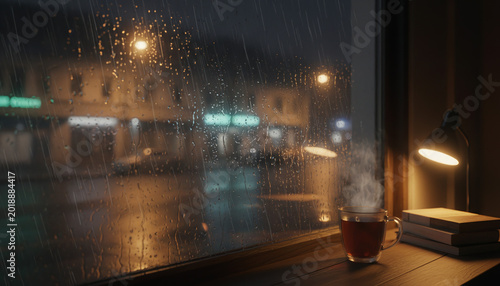 picture of rain at night with a quiet atmosphere behind the window