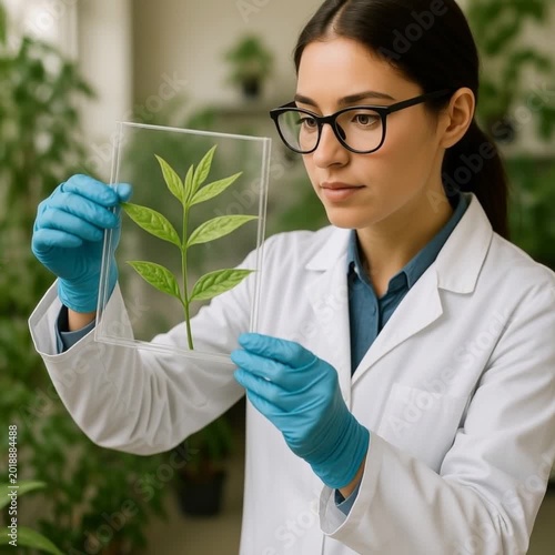 Female scientist examining plant specimen through glass in laboratory  