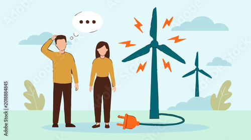 Photos Wind Energy Concept with People and Disconnected Power Plug