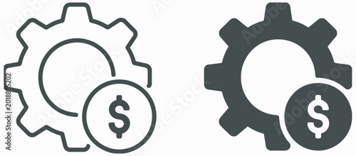Cost management icon featuring a gear symbol with an overlaid dollar sign, representing financial settings, production costs, or economic mechanisms.