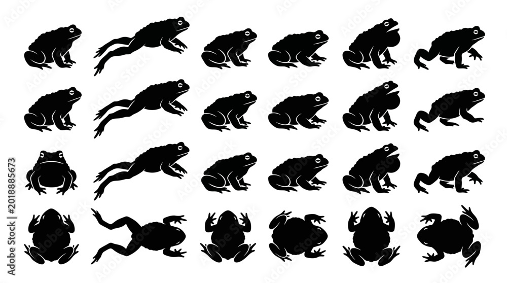Obraz premium toad silhouettes in side and top view, solid black shapes, each in different poses such as sitting.