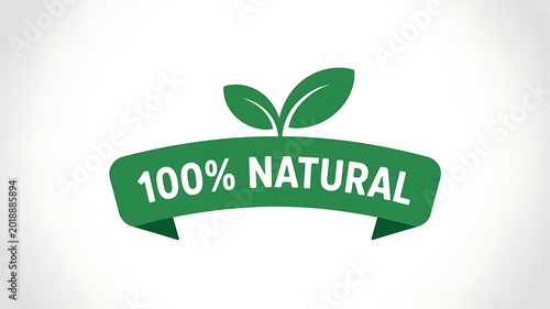 Eco friendly 100% Natural label, green leaf logo, organic badge, natural products icon