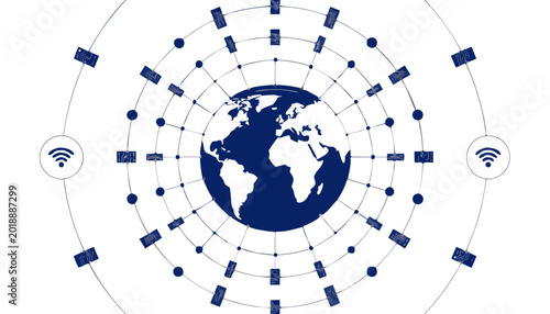 Global network, connectivity, earth map, blue icons, wireless communication