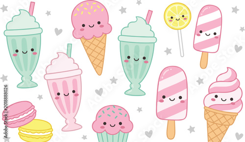 Bilde på lerret Vector illustration of cute cartoon desserts and sweets with smiling faces repre