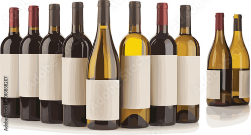 Bild auf Leinwand Set of realistic vector wine bottle mockups with blank white labels including red and white wine varieties in dark and clear glass isolated on white background