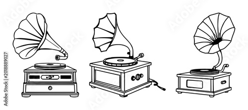 Vintage gramophone set with classic line art design featuring antique record player, acoustic horn, retro audio technology with musical instrument and phonograph