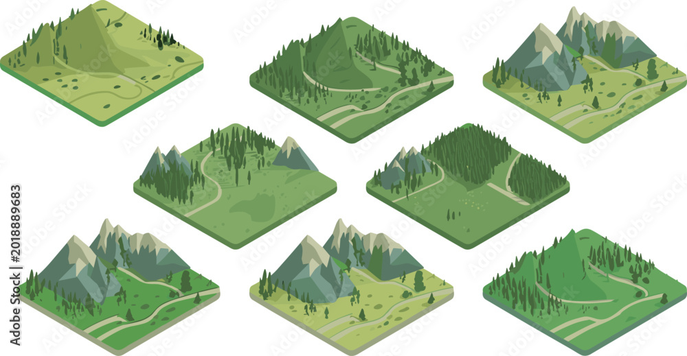 Fototapeta premium Vector illustration of isometric landscapes with mountains forests hills and paths showing diverse natural environments and terrain features
