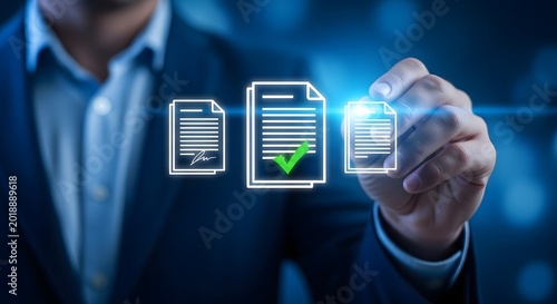 Businessman interacting with digital document icons for electronic signature and approval