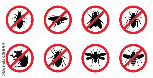 Foto Mosquito Warning Prohibition Signs: Red crossed insect warning icons for pest control awareness