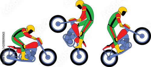 Foto Vector illustration of motorcyclist performing wheelie sequence showing rider po