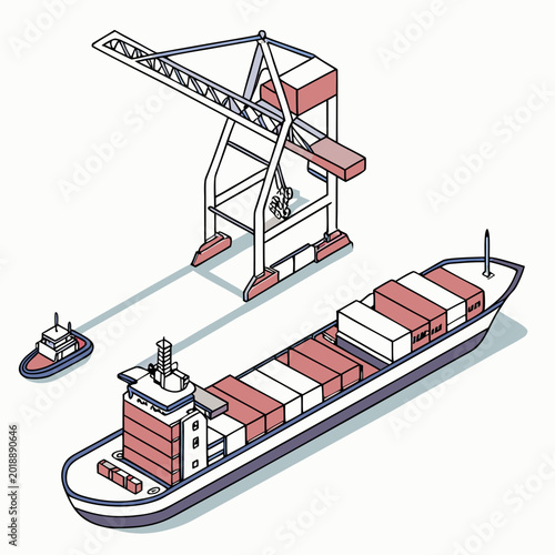 isometric cargo ship and port crane vector illustration aerial view