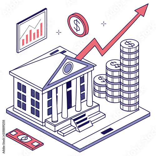 Bild auf Leinwand Isometric banking and finance illustration with growth chart and coins