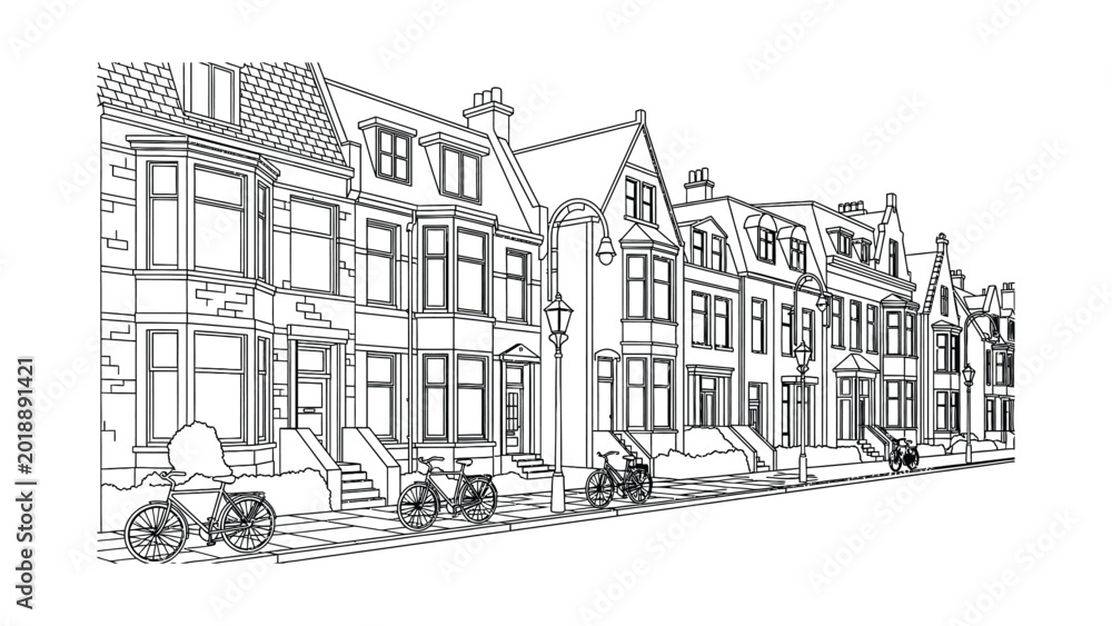 Obraz premium Detailed line art sketch of a historic European city street with bicycles.
