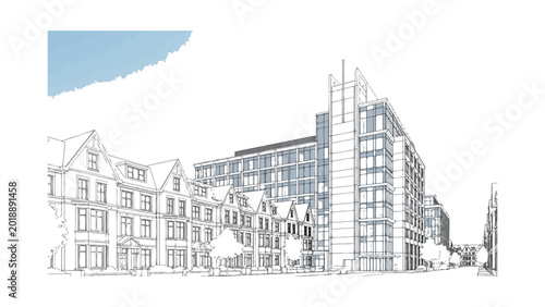 Architectural pencil sketch drawing of a modern mixed use building complex.