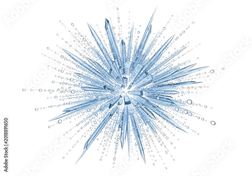 Abstract geometric ice crystal formation with water droplets isolated on transparent background, sharp blue shards creating snowflake shape, frozen art design.