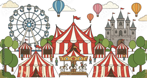 Vintage Circus Carnival Scene Vector Illustration with Ferris Wheel, Big Top Tents, Carousel, Castle, and Hot Air Balloons