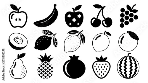 A minimalist black and white illustration of various fruits on a plain background