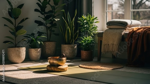 Sunlit Indoor Oasis - Plants, Yoga Mat, and Serene Window View.