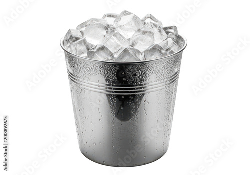 Silver bucket filled with clear ice cubes, condensation on metal surface, isolated on transparent background, chilling container for drinks.