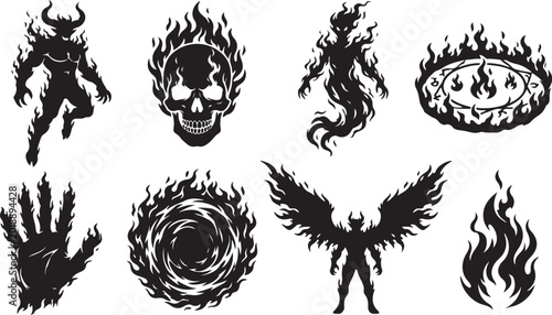 Schilderij op canvas Black flame icons, devil and angel silhouettes, fire symbols, evil and mystical