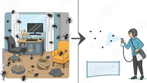 Foto Pest control vector illustration showing a messy room fly infestation and a professional exterminator spraying insecticide treatment