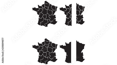 Four black silhouettes of France with departmental borders on a white background