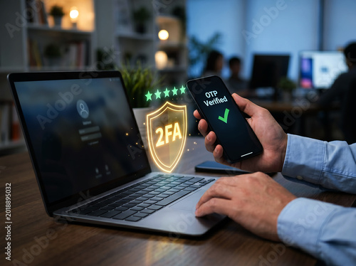 Two factor authentication concept with person holding smartphone showing otp verified and laptop displaying login screen and shield icon with stars security.