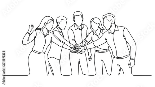 Continuous line drawing a group of business people joining hands.