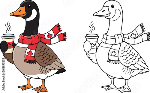 Cute Canada Goose with Scarf and Coffee Cup Vector Illustration Colored and Line Art Coloring Page for Kids and Canadian Culture Projects