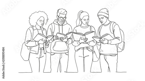 Continuous line drawing Four diverse people reading books together.