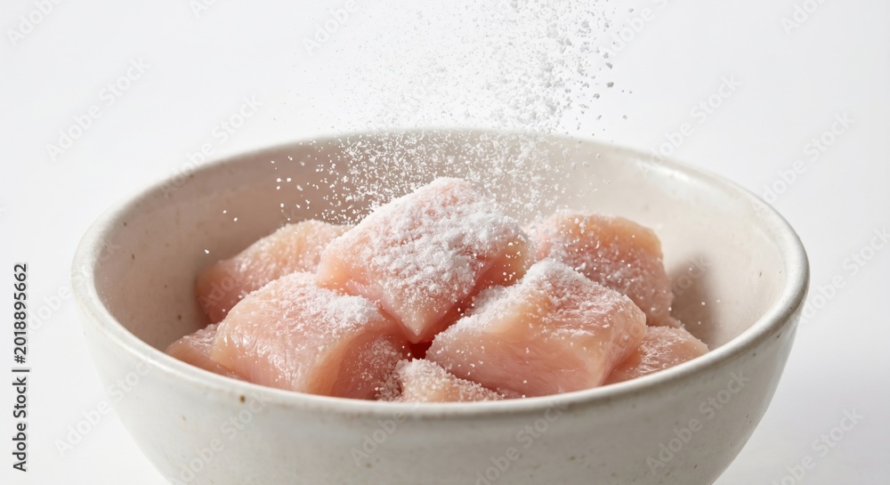 Fototapeta premium Probiotic powder landing on fresh raw chicken cubes