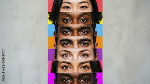 Diverse human eyes layered over rainbow pride flag colors representing equality and unity