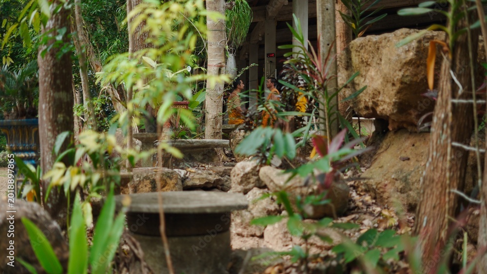 Obraz premium Buddhist monks talking in natural garden area at khao phang monastery