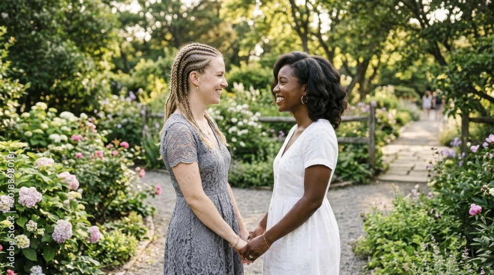 Fototapeta premium Two women in love holding hands and smiling in a lush summer garden