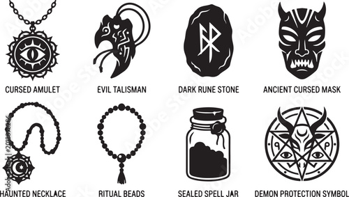 Foto Dark magic symbols, cursed objects, evil talismans, mystical icons, 8 black and