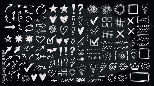 Hand drawn chalk doodle icons mega set with arrows stars hearts check marks speech bubbles and creative design elements vector illustration