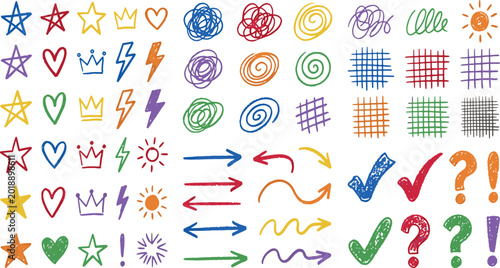 Bild auf Leinwand Colorful hand drawn doodle set with stars hearts arrows crowns lightning bolts s