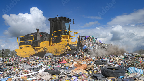 Tableau sur toile Heavy industrial machinery working at a large landfill site