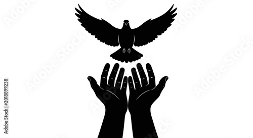 Foto Black silhouette bird flying over hands, freedom symbol, dove release, hand draw