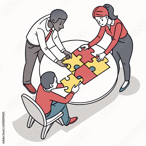 teamwork illustration with people connecting puzzle pieces at a table