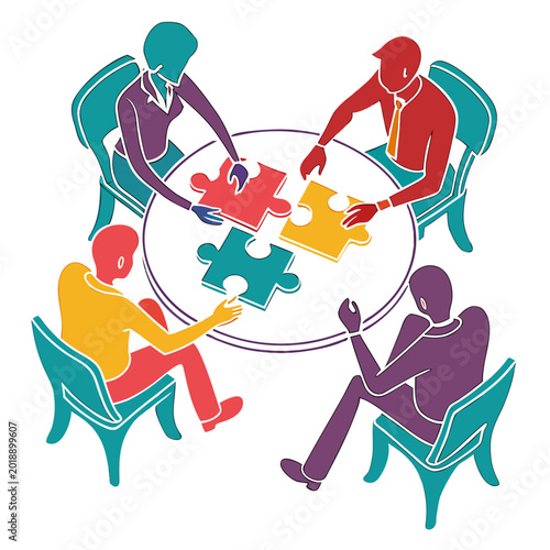 People connecting puzzle pieces around a table colorful vector illustration