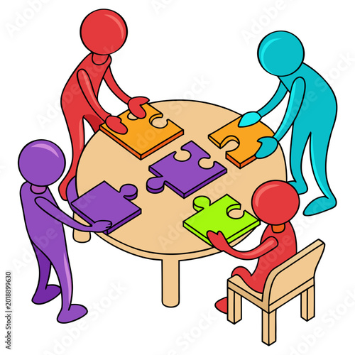 Colorful 3d human figures connecting puzzle pieces around a table