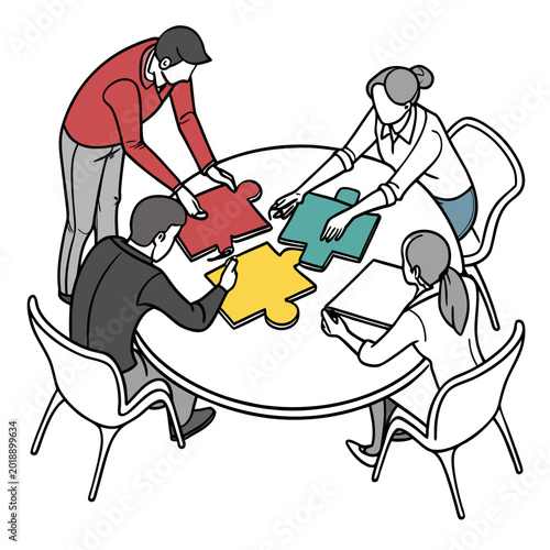 teamwork vector illustration featuring people collaborating around a table high quality