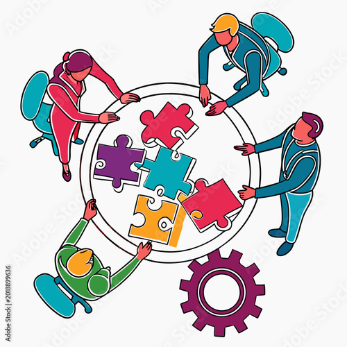 People collaborating around puzzle pieces and gears colorful vector illustration