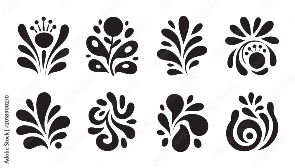 Fototapeta premium Black floral vector elements set with folk art style flower blossoms and leaves for spring designs.