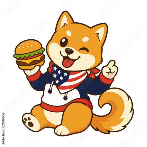 Tableau sur toile Cute Patriotic Shiba Inu Cartoon Vector Holding Burger for T-Shirt, Sticker and