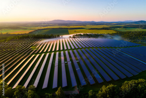 Solar Energy Farm's Potential: Expansive solar panels harvest solar energy in a picturesque landscape, presenting the promise of clean power and sustainability in an environment-friendly setting.