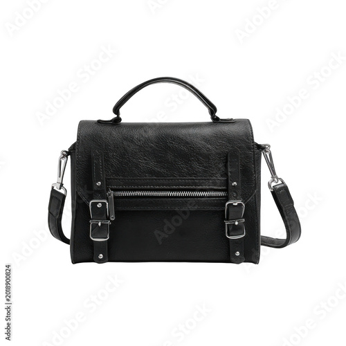 Black faux leather satchel bag with silver buckles and zipper isolated on transparent background